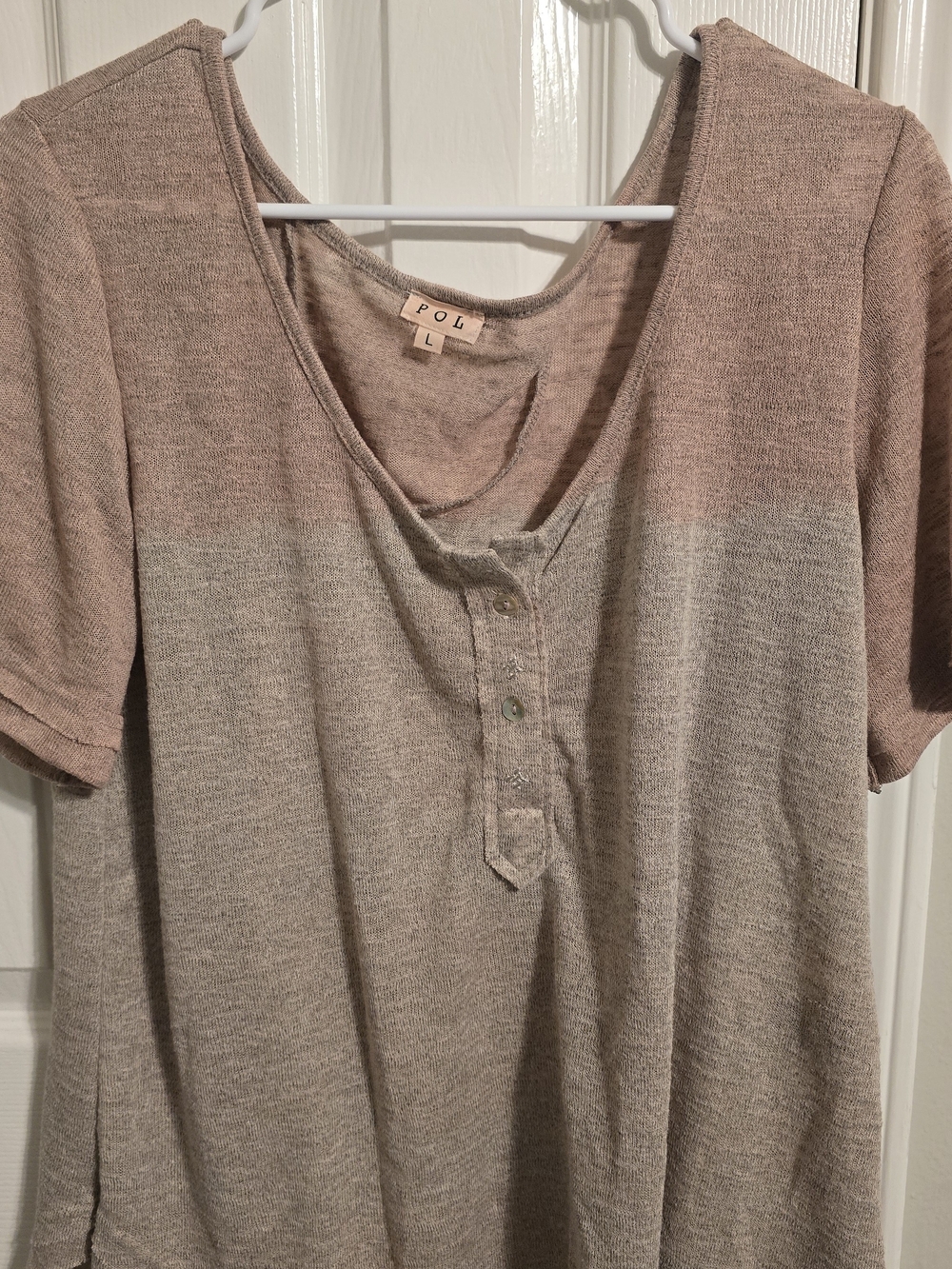 POL Colorblock Henley Top Size Large Pink Beige Knit Short Sleeve Boho Cozy